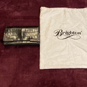 Vintage Brighton Black Leather Croc Clutch Purse Checkbook Wallet with Dust Bag